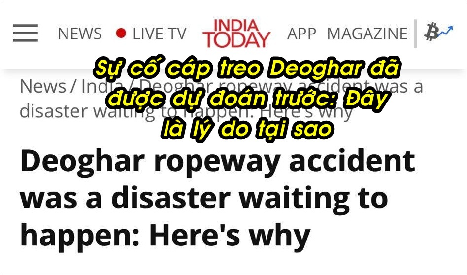 Sự cố tại cáp treo "cao nhất Ấn Độ" được truyền thông nước này quan tâm. (Ảnh: Chụp màn hình India Today)