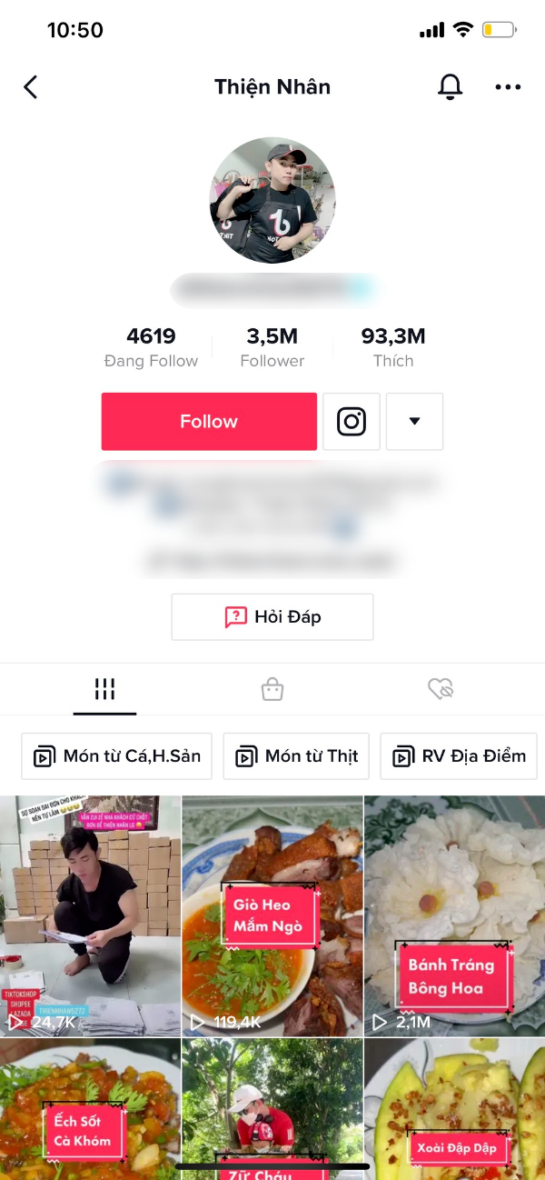  
Hiện Thiện Nhân sở hữu kênh TikTok với 3,5 triệu follow và gần 100 triệu lượt yêu thích. (Ảnh: Chụp màn hình)