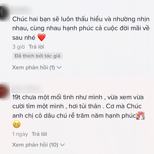  
Rất nhiều những lời chúc phúc đã được gửi đến cô dâu chú rể. (Ảnh: Tiktok Trúc)