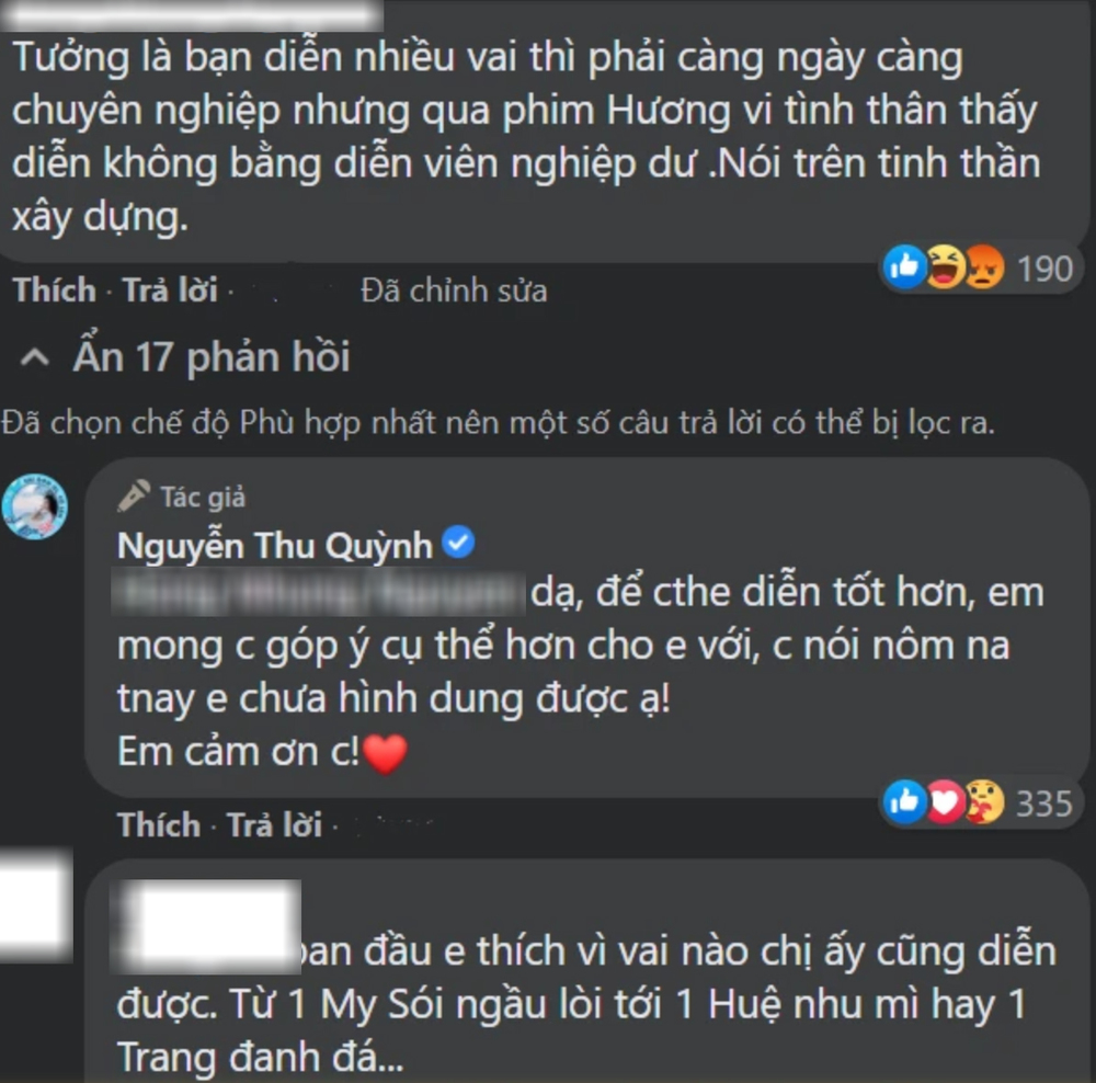  Thu Quỳnh phản ứng khi bị chê thua diễn viên nghiệp dư. (Ảnh: Chụp màn hình FB Nguyễn Thu Quỳnh)