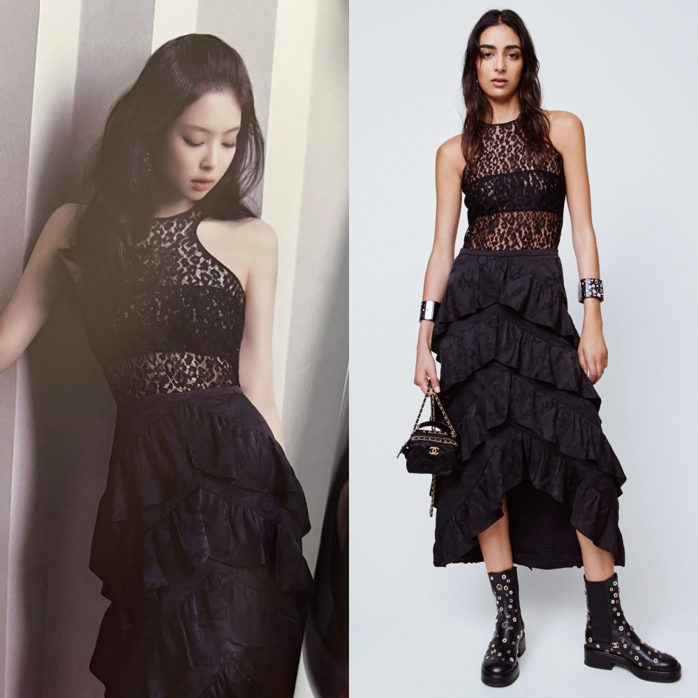 Jennie gây sốt khi diện váy xuyên thấu từ Chanel. (Ảnh: YG, Chanel)