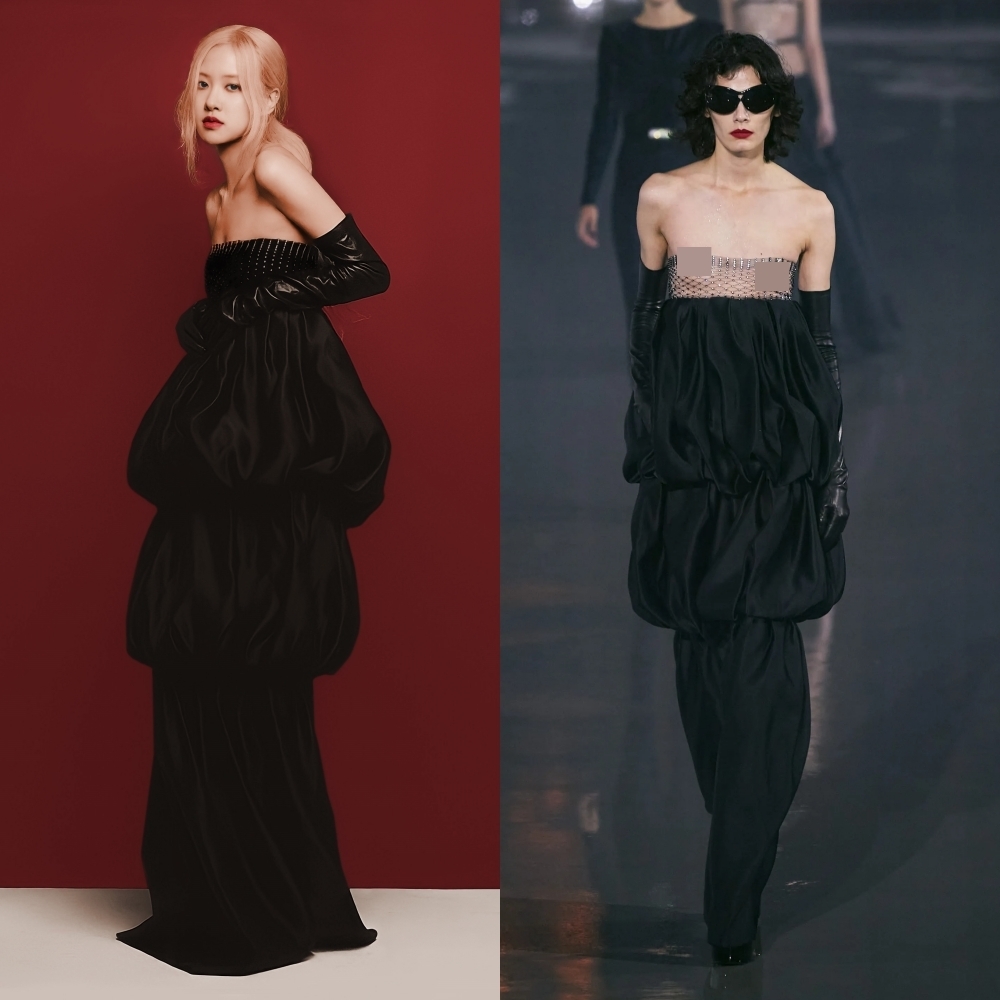 Rosé đắp thêm vải cùng màu vào bên trong phần áo xuyên thấu để tránh bị hớ hênh. (Ảnh: Harper's Bazaar, Vogue)