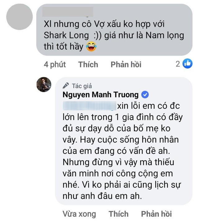 Mạnh Trường phản ứng khi vợ bị chê nhan sắc. (Ảnh: Chụp màn hình FB Mạnh Trường)