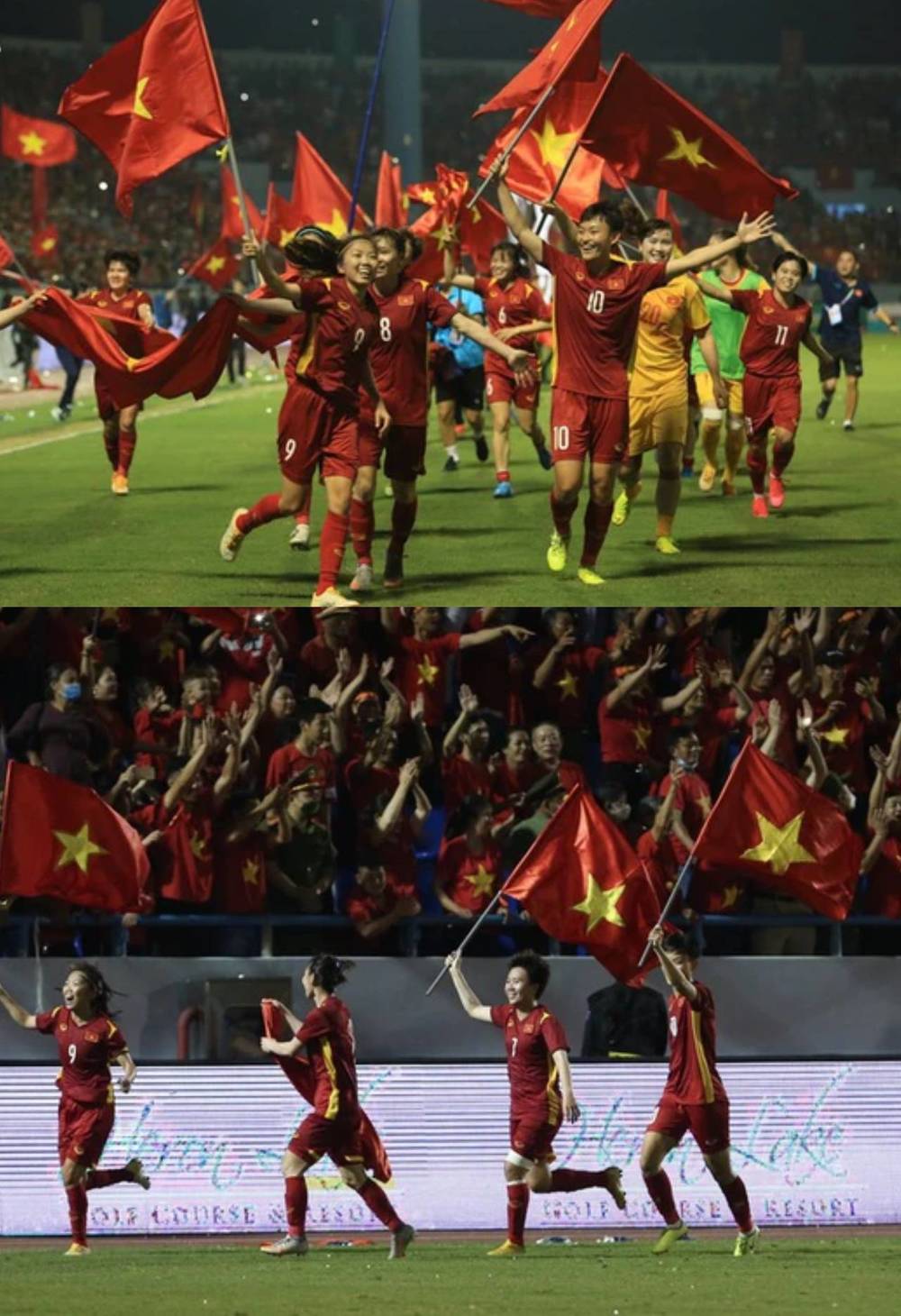  
Khán giả hò reo, ăn mừng chiến thắng cùng các cô gái vàng của làng bóng Việt Nam. (Ảnh: Tổ Quốc)