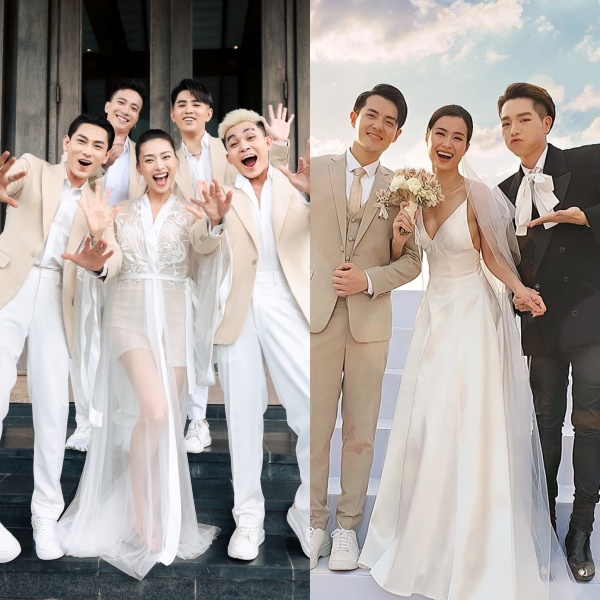  
Đám cưới của các cặp sao Việt đình đám thường quy định trang phục cho khách mời. (Ảnh: FB Đông Nhi + FB Ngô Thanh Vân)