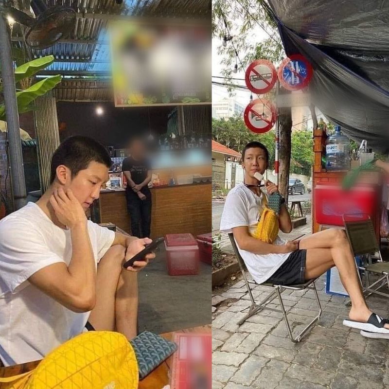  Seunghoon đeo túi hiệu, ngồi gác chân, bắt chéo ở quán bên đường. (Ảnh: Pinterest)