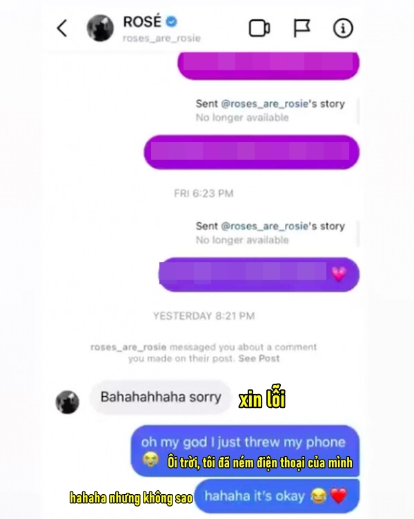 Rosé xem tin nhắn của người hâm mộ và trả lời hài hước. (Ảnh: Instagram @chaeng_says_cheeks)