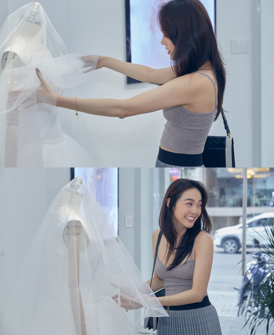  
Minh Hằng rạng rỡ trong buổi thử váy cưới. (Ảnh: Nhân vật cung cấp)