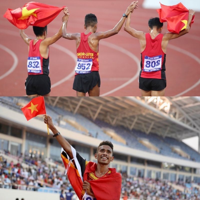  Felisberto ăn mừng chiến thắng với lá cờ Việt Nam trên tay. (Ảnh: Dân Việt)