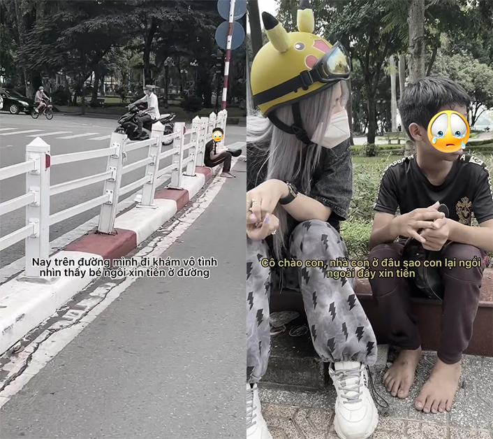  
Cậu bé ngồi giữa nắng gần 40 độ C để xin ăn. (Ảnh: Chụp màn hình video TikTok N.L)