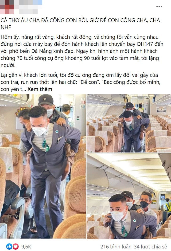  
Câu chuyện về cụ ông tự tay cõng bố trên chuyến bay được chia sẻ lên mạng. (Ảnh: Chụp màn hình Fanpage B.)