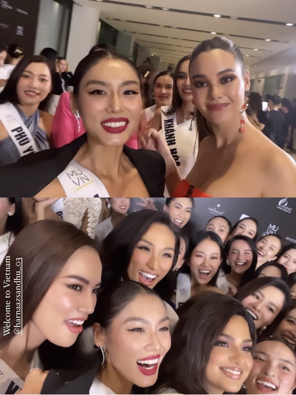  
Các nàng hậu quốc tế vui vẻ selfie cùng Thảo Nhi Lê và dàn thí sinh. (Ảnh: Chụp màn hình Instagram thaonhile)
