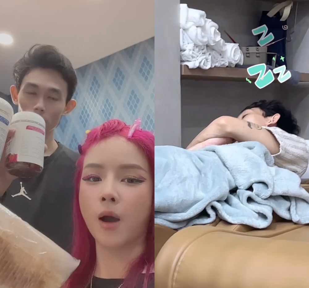    Hồng Thanh "hộ tống" bạn gái đến độ ngủ quên trên ghế gội đầu. (Ảnh: Chụp màn hình FB DJ Mie)