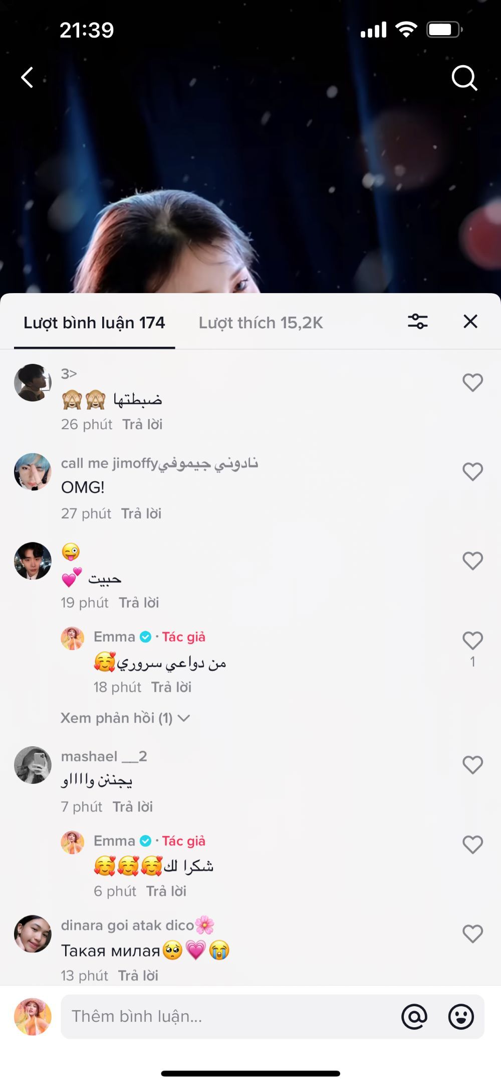    Bên dưới phần bình luận bài đăng của Emma trên TikTok xuất hiện hàng loạt bình luận bằng tiếng nước ngoài.  - Tin sao Viet - Tin tuc sao Viet - Scandal sao Viet - Tin tuc cua Sao - Tin cua Sao