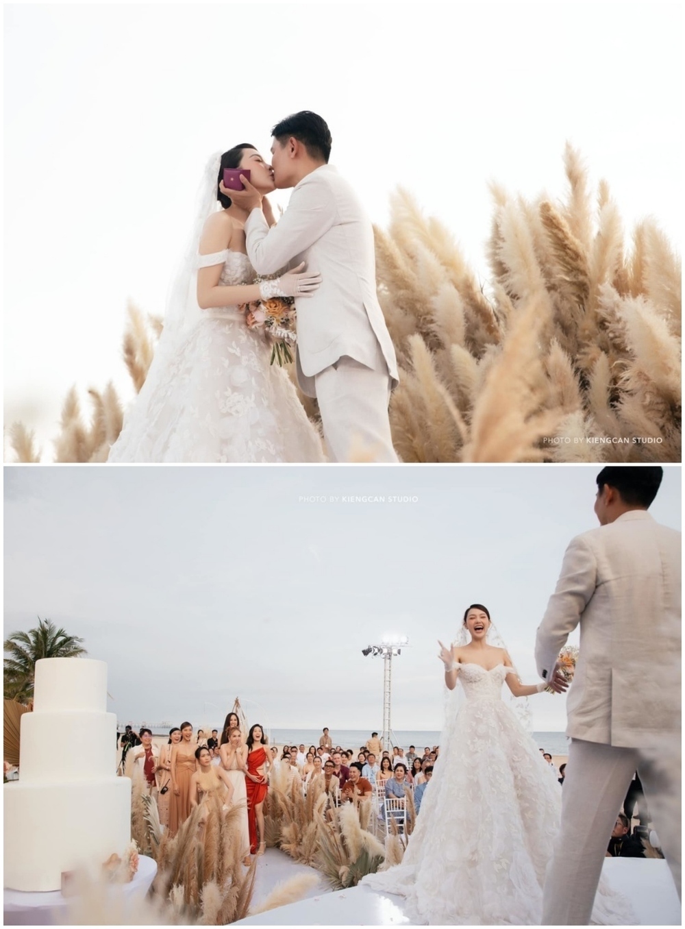  
Khoảnh khắc đẹp của Minh Hằng và chồng trong tiệc cưới trên bờ biển. (Ảnh: Team Kiếng Cận)