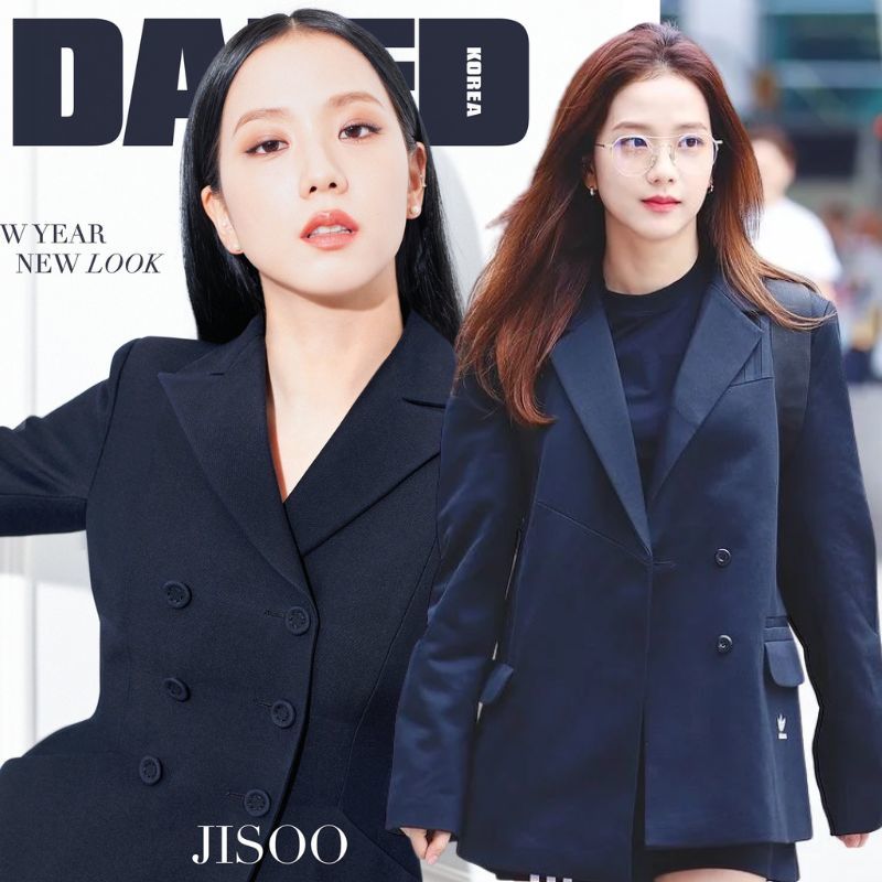  Jisoo đầy thu hút khi diện vest cả trên tạp chí lẫn ngoài đời. (Ảnh: Dazed, Pinterest)