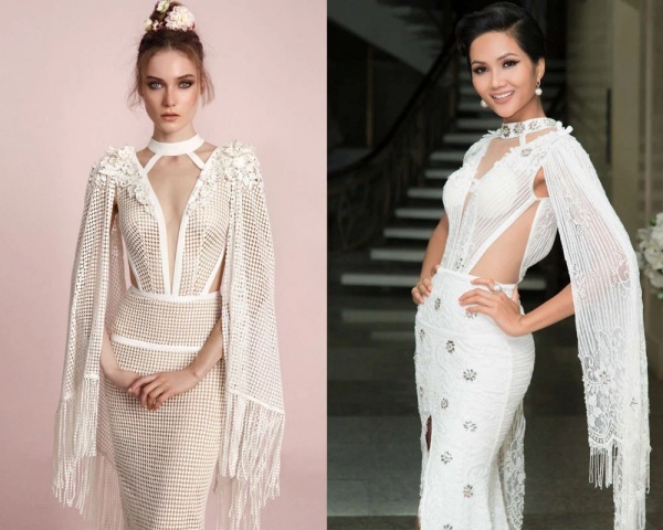  Bộ váy của H'Hen Niê được cho là thiếu tinh tế so với mẫu gốc. (Ảnh: Instagram lior_charchy_bridal + FB H'Hen Niê)