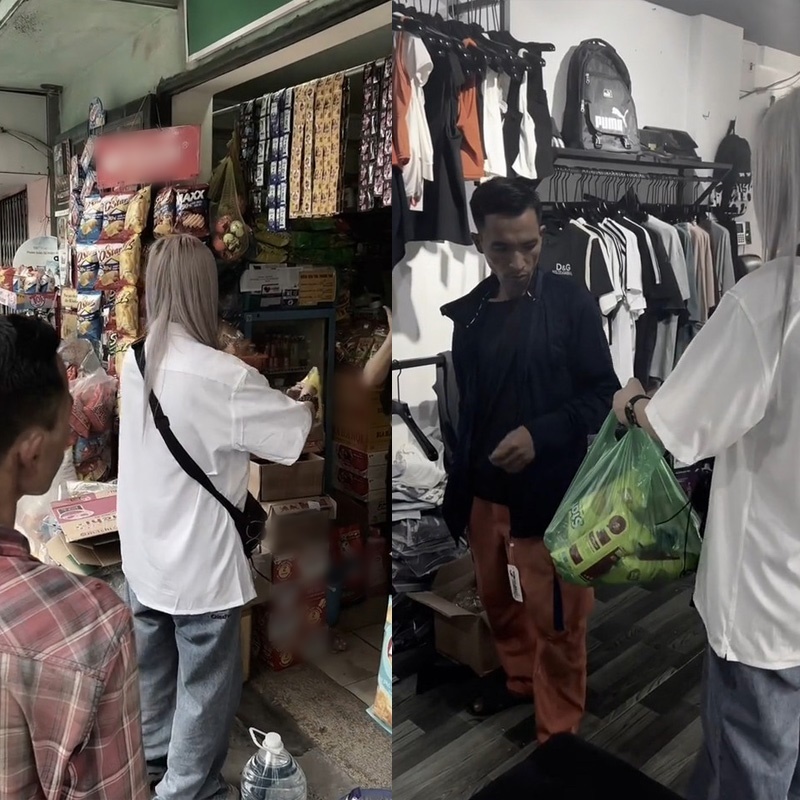 Cô gái mua một ít đồ ăn cho người đàn ông nhặt ve chai. (Ảnh: Chụp màn hình TikTok N.)