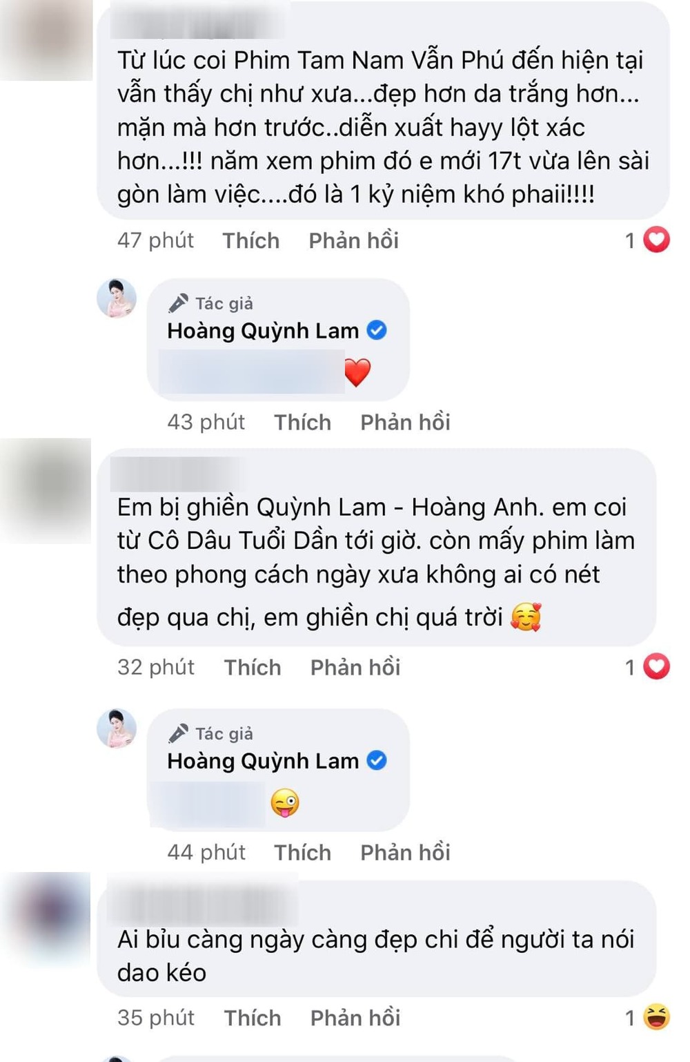 
Khán giả khen ngợi nhan sắc "lão hóa ngược" của Quỳnh Lam. (Ảnh: Chụp màn hình Facebook Hoàng Quỳnh Lam)