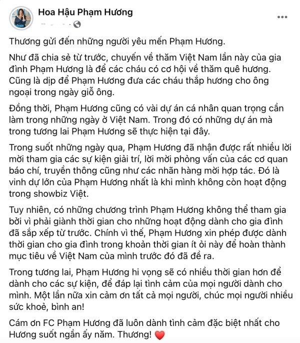  
Bài đăng thông báo lý do về Việt Nam của Phạm Hương. (Ảnh: Chụp màn hình FB Hoa hậu Phạm Hương)