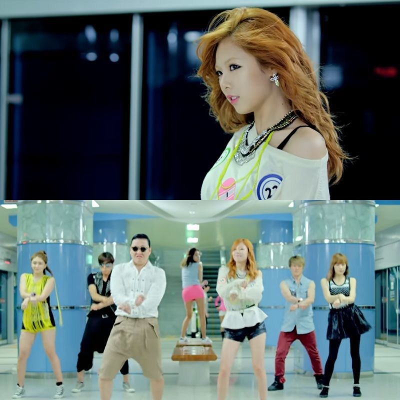  
Vai cameo ấn tượng của HyunA trong MV Gangnam Style. (Ảnh: Chụp màn hình YouTube officialpsy)