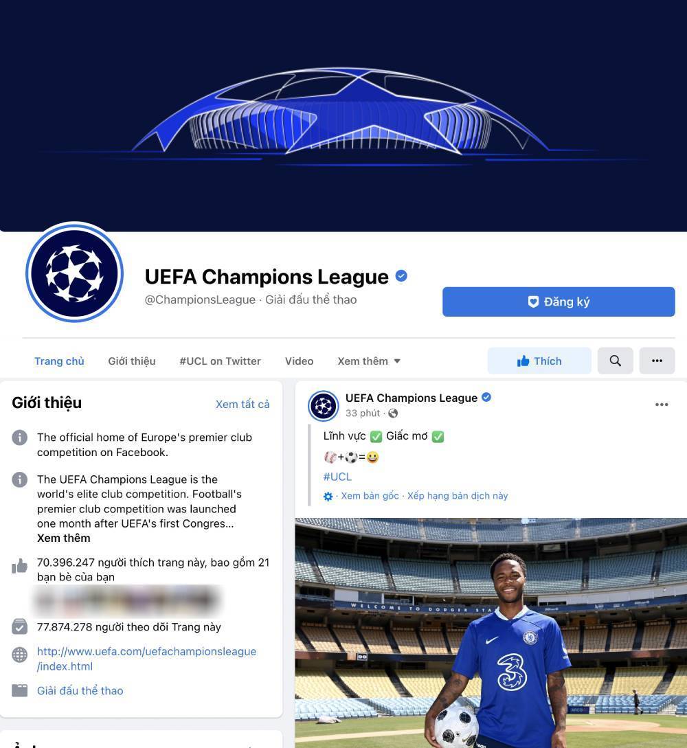  
Tài khoản mà nam thanh niên này lấy là fanpage chính thức của Champions League, có cả tích xanh Facebook. (Ảnh: UEFA Champions League)