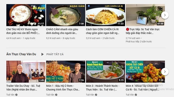 
Kênh YouTube của Sư cô Tuệ Vân chuyên giới thiệu các món ăn chay. (Ảnh chụp màn hình kênh YouTube Vân Du Ca)