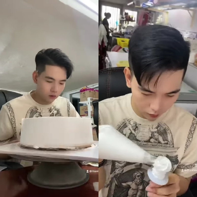 
Thanh Đoàn tự tay làm bánh kem để chúc mừng sinh nhật Hà Trí Quang. (Ảnh: Chụp màn hình TikTok @thanhdoanshop)