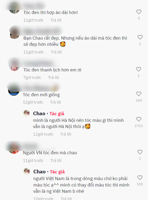    Nhiều người cho rằng mặc áo dài thì mái tóc nên có màu đen mới chuẩn gái Việt. (Ảnh: Chụp màn hình TikTok Chao)