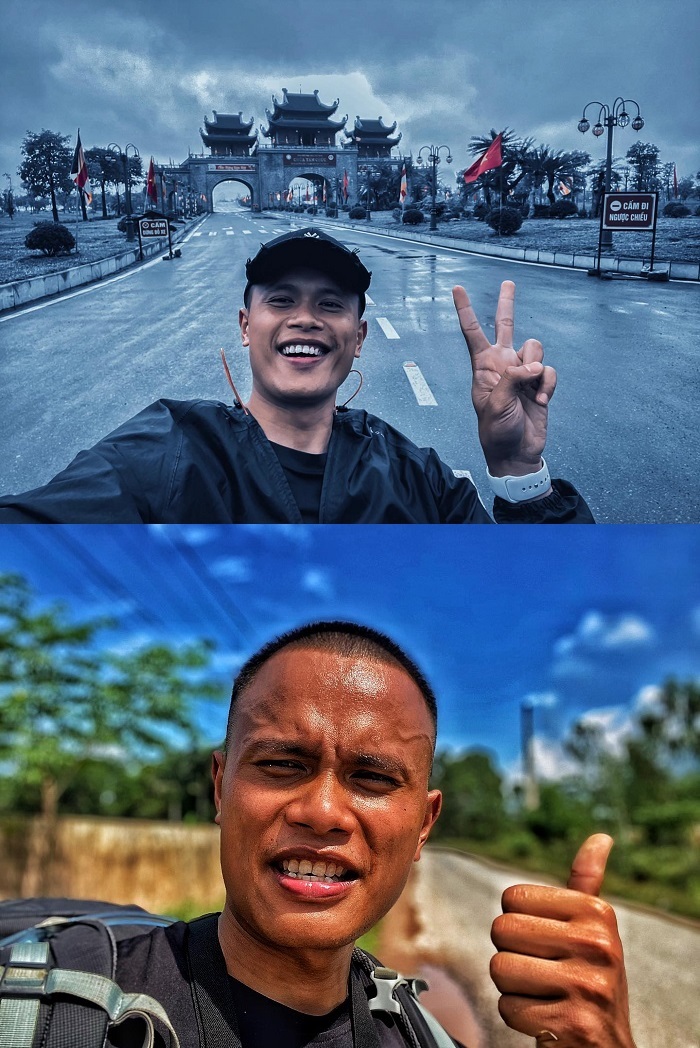  
Mỗi ngày chàng trai đi bộ từ 30-40km. (Ảnh: FB V.D.H)