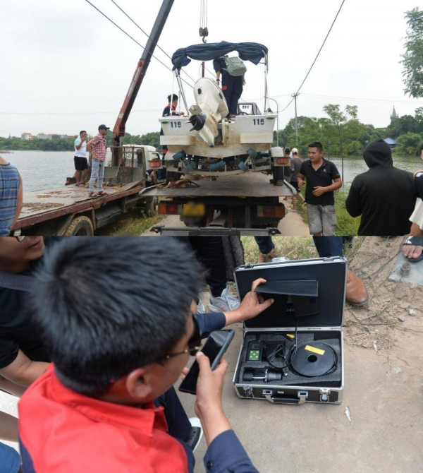  Đội cứu hộ đã sử dụng đến ca nô và camera ghi hình dưới nước để phục vụ công tác tìm kiếm. (Ảnh: Báo Giao thông)