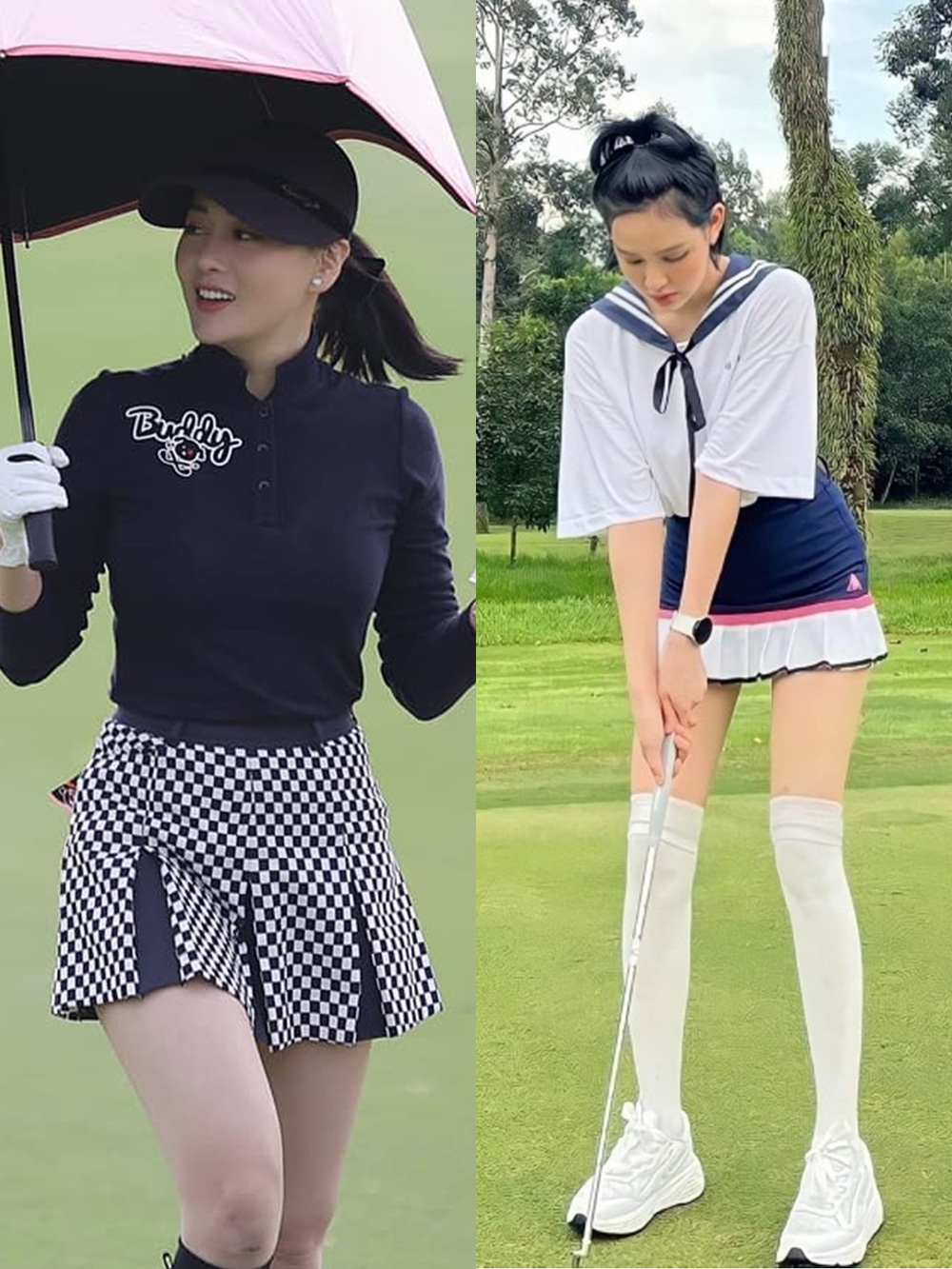  
Phương Oanh, Hiền Hồ đam mê chơi golf giống nhau. (Ảnh: Facebook Phương Oanh + Hiền Hồ)