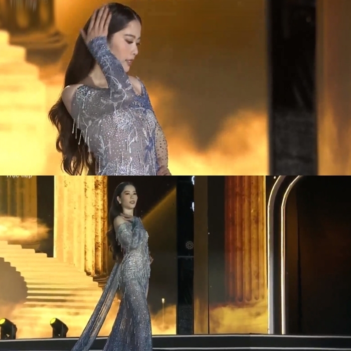    Nam Em sử dụng lại chiến thuật vuốt tóc của chị gái Nam Anh. (Ảnh: Facebook Miss World Vietnam, Miss Universe Vietnam)