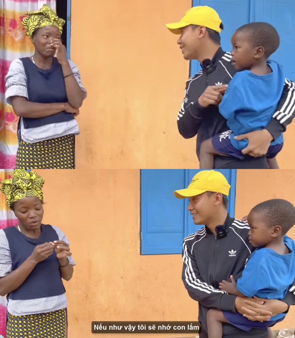 Ban đầu, mẹ Lôi Con còn chần chừ vì không muốn xa con. (Ảnh: YouTube Quang Linh Vlogs - Cuộc Sống ở Châu Phi)