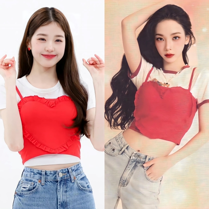  Wonyoung và Karina diện cùng một mẫu áo croptop đỏ, khoe tỉ lệ cơ thể cực đỉnh. (Ảnh: Pinterest)