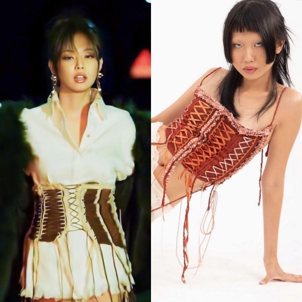 
Chiếc corset của thương hiệu Việt được Jennie biến tấu lại như phần thắt lưng để khoe vòng eo thon nuột. (Ảnh: Chụp màn hình YouTube BLACKPINK + Instagram fanci.club​)