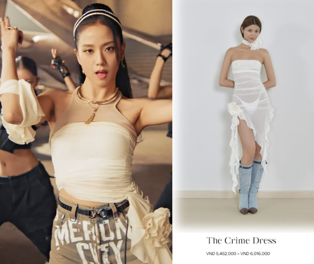 
Chị cả của nhóm nhạc quốc dân biến mẫu váy dài của NTK Việt thành thiết kế áo dáng ống độc đáo. (Ảnh: Chụp màn hình YouTube BLACKPINK + The Crime Dress)