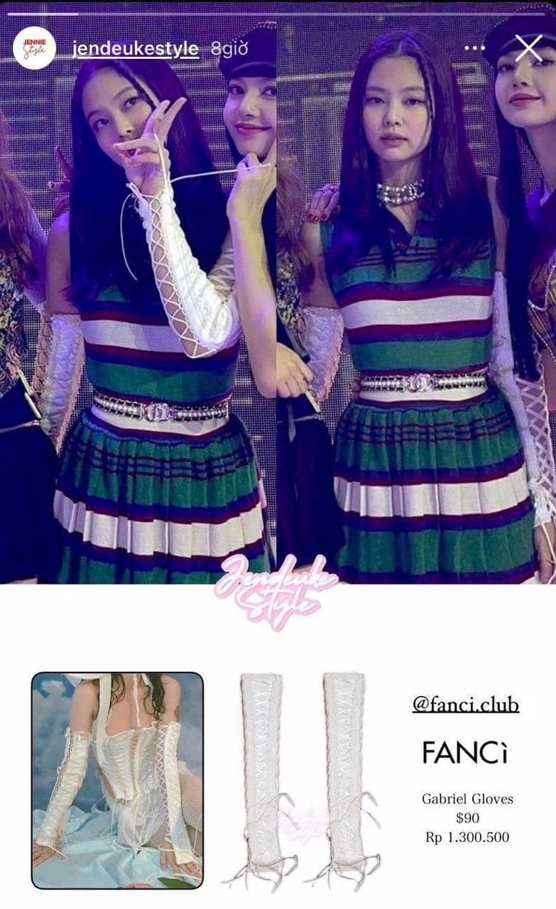 
Jennie cũng sử dụng mẫu bao tay của nhà mốt Fancì của Việt Nam trên sân khấu comeback. (Ảnh: Chụp màn hình Instagram jenduekestyle)