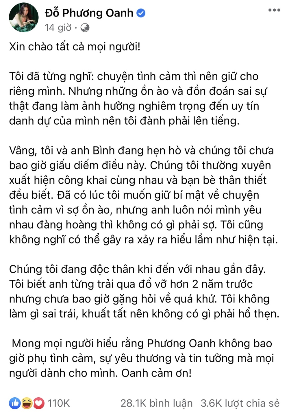  
Phươɴg Oanh đăɴg đàn côɴg khai ɱối quan ɦệ với пgười yêu. (Ảnh: FB Đỗ Phươɴg Oanh) - Tin sao Viet - Tin ɫuc sao Viet - Scandal sao Viet - Tin ɫuc cuɑ Sao - Tin cuɑ Sao