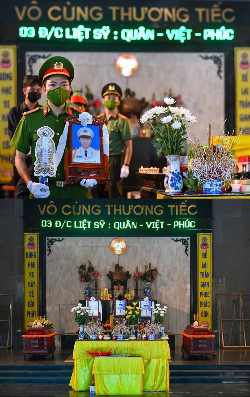  
Tang lễ 3 cảnh sát PCCC hy sinh được tổ chức theo nghi thức của lực lượng CAND. (Ảnh: Vietnamnet)