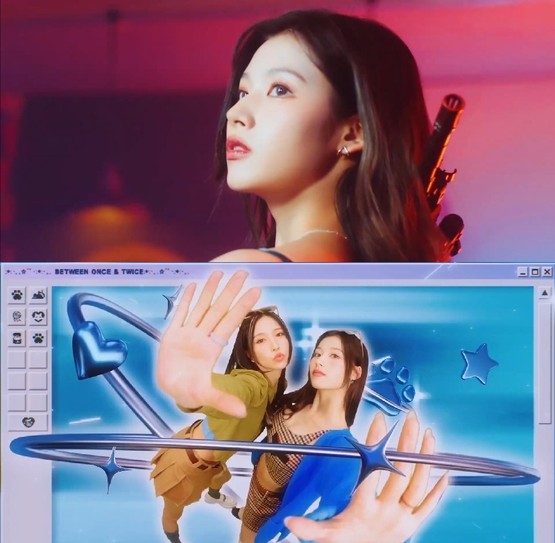  Mina và Sana với tạo hình ấn tượng cùng hiệu ứng của MV. (Ảnh: Chụp màn hình YouTube TWICE)