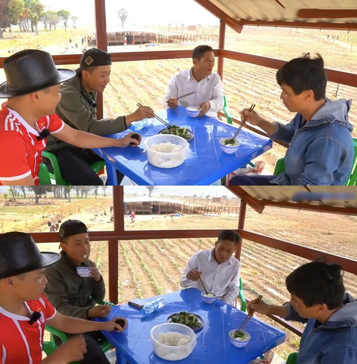  Dù bữa cơm đạm bạc nhưng cả team vẫn ăn rất ngon lành. (Ảnh: Cắt từ clip YouTube Hùng KaKa)