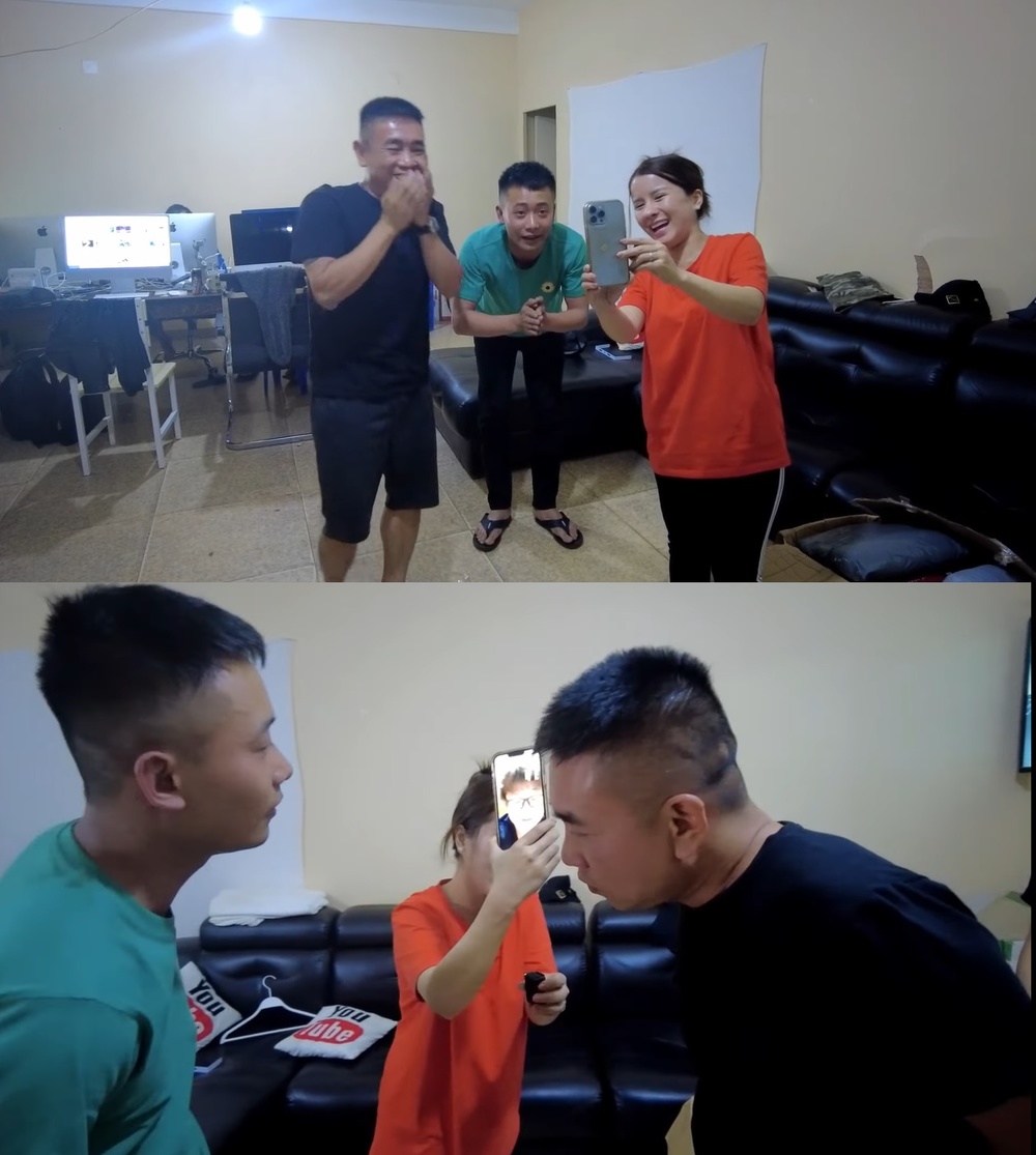  
Cô giới thiệu Quang Linh cùng các thành viên trong nhóm cho chồng mình. (Ảnh: Chụp màn hình YouTube Vợ Chồng Nhà Nhân)