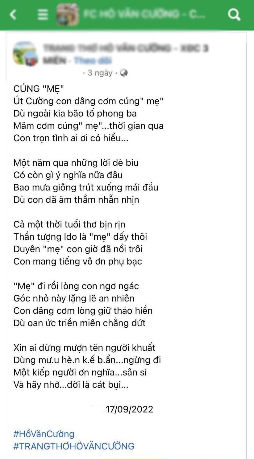  
Nguyên văn bài thơ người hâm mộ dành tặng nam ca sĩ. (Ảnh: FB FC Hồ Văn Cường - Cậu út Gò Công) - Tin sao Viet - Tin tuc sao Viet - Scandal sao Viet - Tin tuc cua Sao - Tin cua Sao