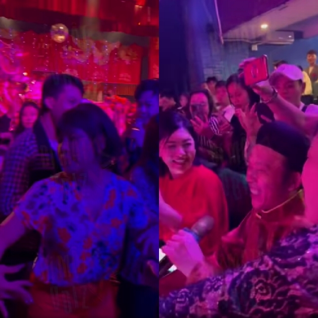  
Hoài Linh, Việt Hương và Cát Phượng ca hát, nhảy múa tưng bừng tại một địa điểm cúng Tổ nghề. (Ảnh: Chụp màn hình Facebook Bí mật VBIZ)