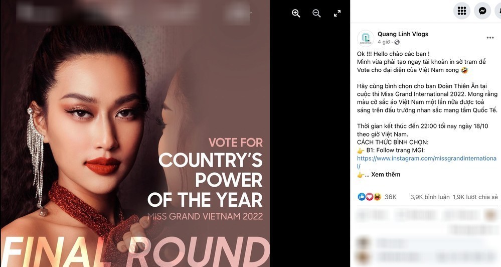  
Quang Linh kêu gọi mọi người bình chọn cho Thiên Ân trên trang cá nhân. (Ảnh: FB Quang Linh Vlogs)