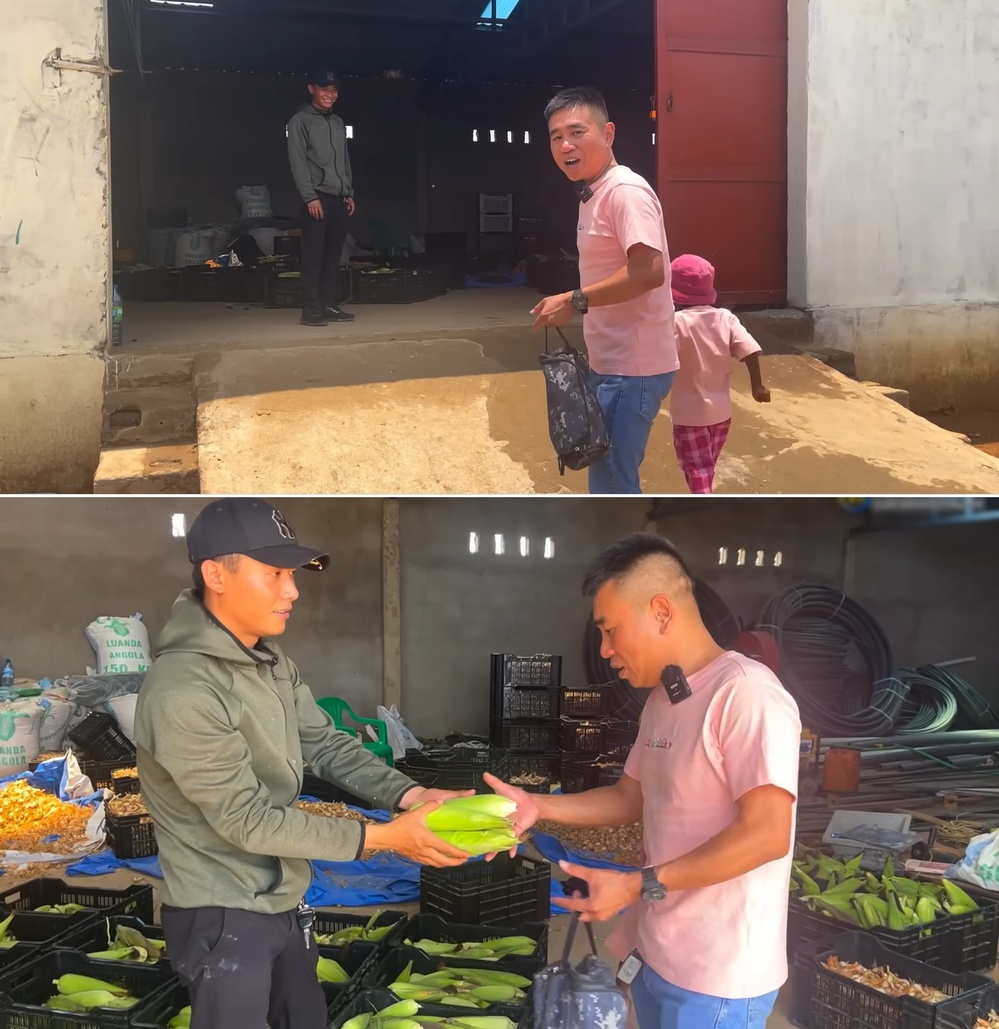  Nguyễn Tiến dẫn Lôi Con đến mua ngô nếp ủng hộ Quang Linh. (Ảnh: Chụp màn hình YouTube Nguyễn Tiến)