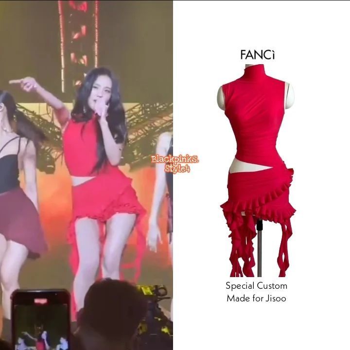  
Trước đó Jisoo từng diện một thiết kế riêng của FANCì với màu đỏ. (Ảnh: Instagram @blackpinks.style4)