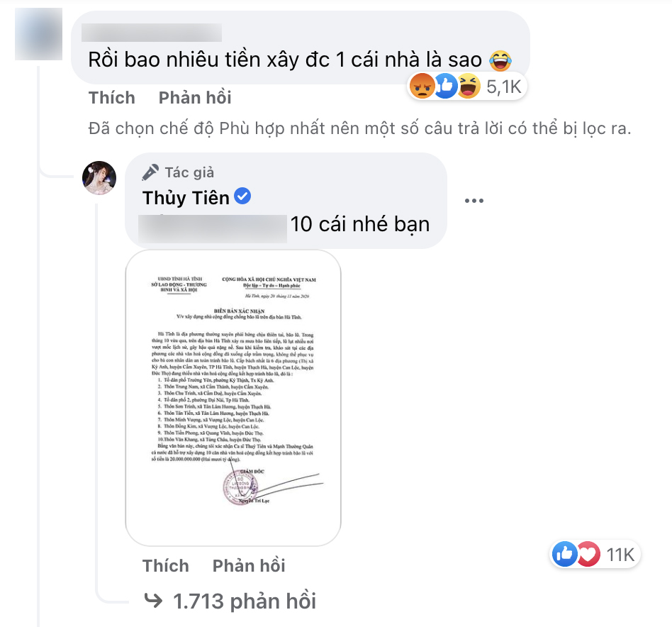  Thủy Tiên cho biết cô đã xây 10 căn nhà chống bão lũ từ số tiền quyên góp. (Ảnh: FB Thủy Tiên) - Tin sao Viet - Tin tuc sao Viet - Scandal sao Viet - Tin tuc cua Sao - Tin cua Sao