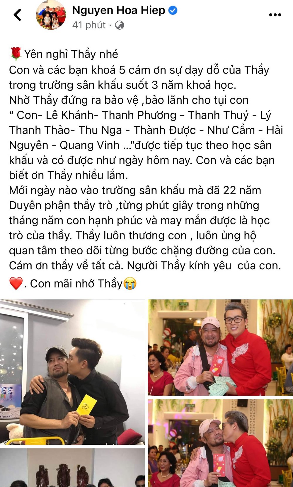  
Lời nhắn của Hòa Hiệp dành cho thầy. (Ảnh: FB Nguyen Hoa Hiep) - Tin sao Viet - Tin tuc sao Viet - Scandal sao Viet - Tin tuc cua Sao - Tin cua Sao